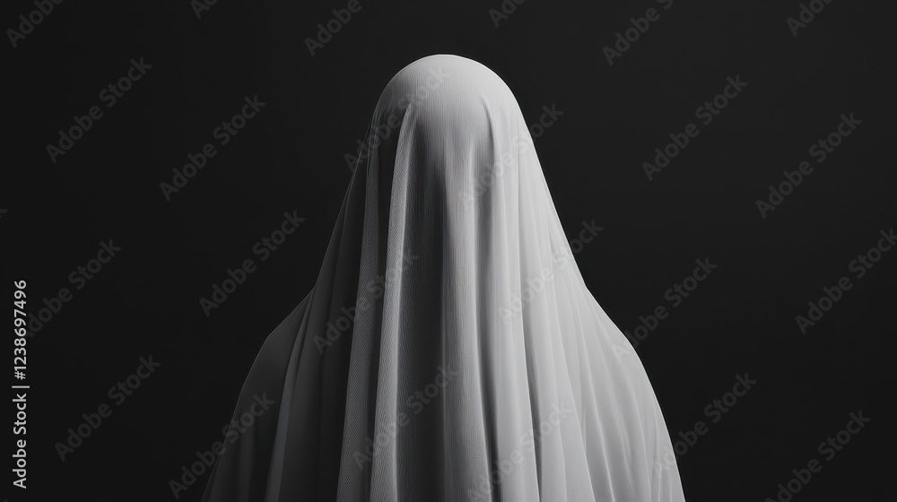 Eerie transparent ghost figure standing against a stark black background, evoking feelings of fear and mystery in a haunting presence during a nighttime setting Eerie transparent ghost figure standing against a stark black background, evoking feelings of fear and mystery in a haunting presence during a nighttime setting