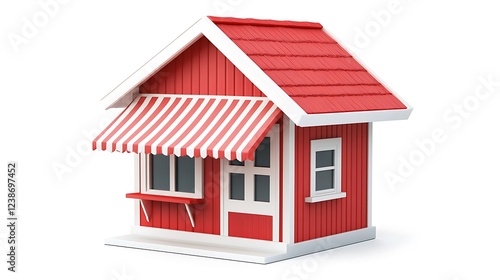 Wallpaper Mural Small red wooden house with white details and striped awning, cozy miniature home with classic storefront design isolated on white background. Torontodigital.ca