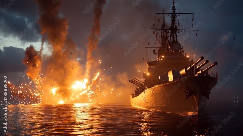 Fototapeta premium Large Warship Engaged in Nighttime Cannon Fire