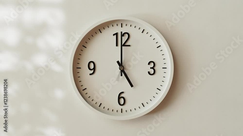 Wallpaper Mural Time-lapse of black and white classic wall clock, textured warm light beige concrete background, moving shadows from window blinds, soft sunlight, sunny day to evening transition, zoom in effect Torontodigital.ca