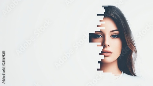 Exploration of identity and perception in a modern digital era depicted by a woman’s face partially dissolving into a white backdrop