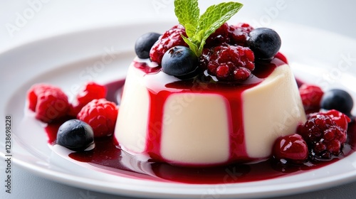 This elegant panna cotta is adorned with ripe berries and fresh mint, presenting a delightful balance of flavors and textures that make it an irresistibly tasty dessert. photo