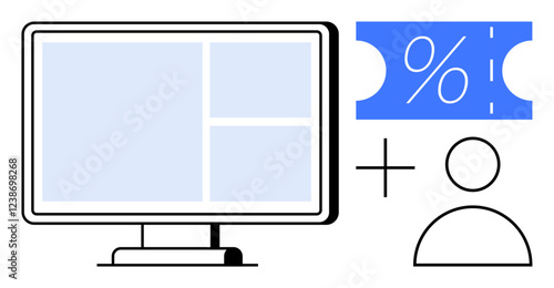 Computer monitor displaying a grid layout next to a blue discount coupon and a user profile icon. Ideal for e-commerce, sales, user experience, digital marketing, online retail, customer engagement
