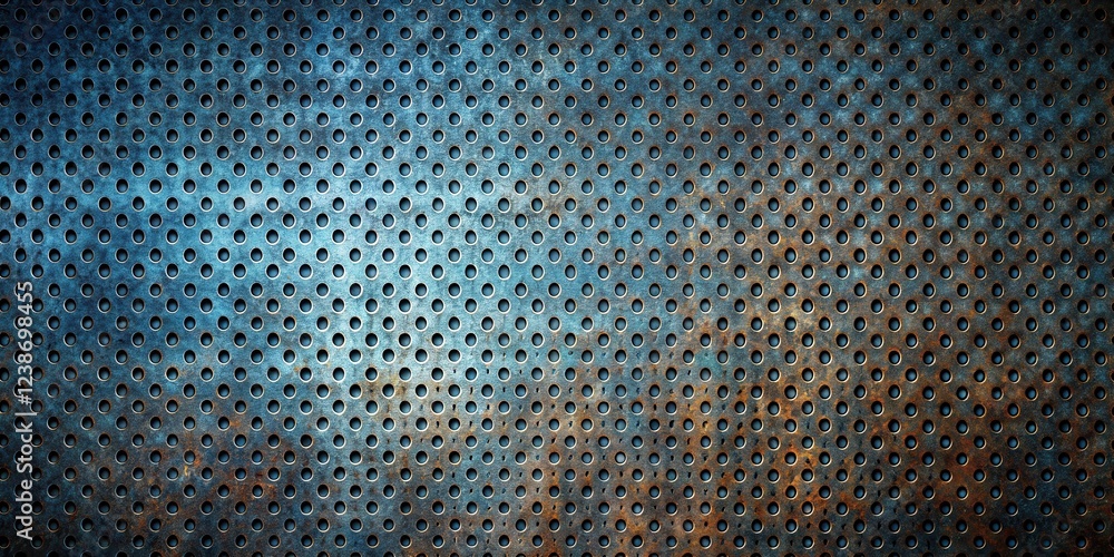 Rustic Blue and Brown Perforated Metal Sheet Texture Ideal for Industrial Backgrounds and Designs