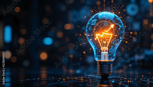 Glowing Light Bulb with Rising Arrow Symbolizing Innovation, Success, and Growth in a Futuristic Technology Concept with Bokeh Background  
 photo