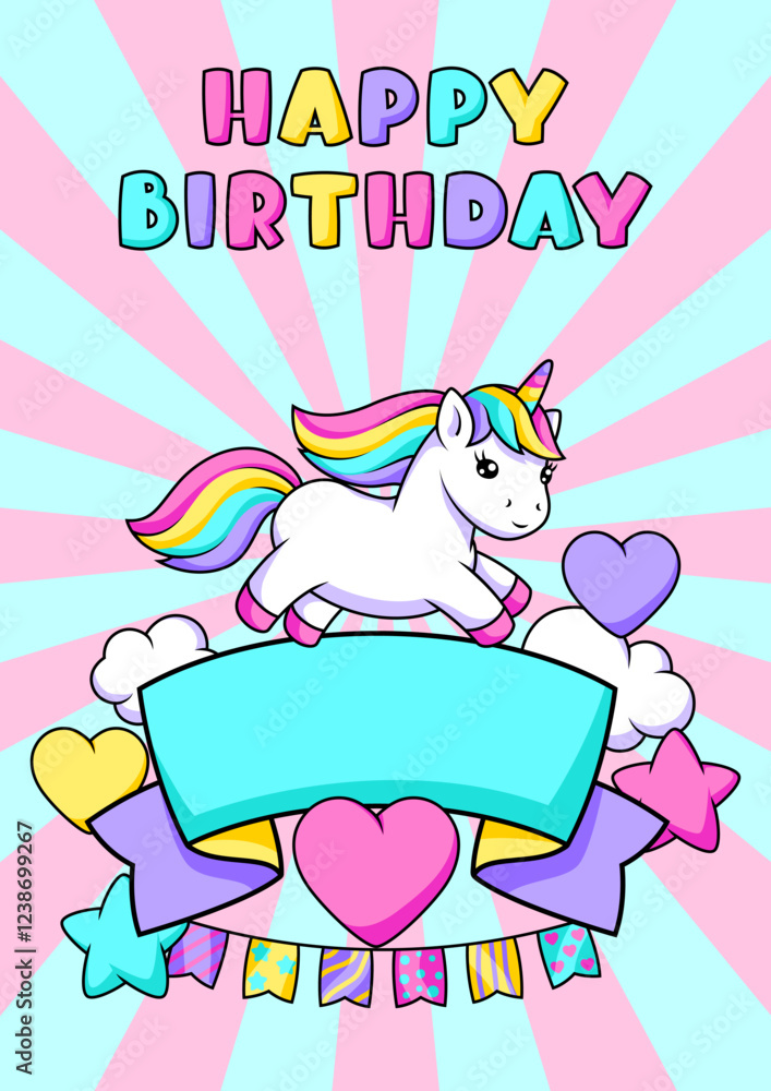 Card with unicorn. Happy birthday party invitation. Card with unicorn. Happy birthday party invitation.