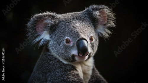 Enchanting image of a gentle koala face highlighting its soft fur and serene expression against dark photo