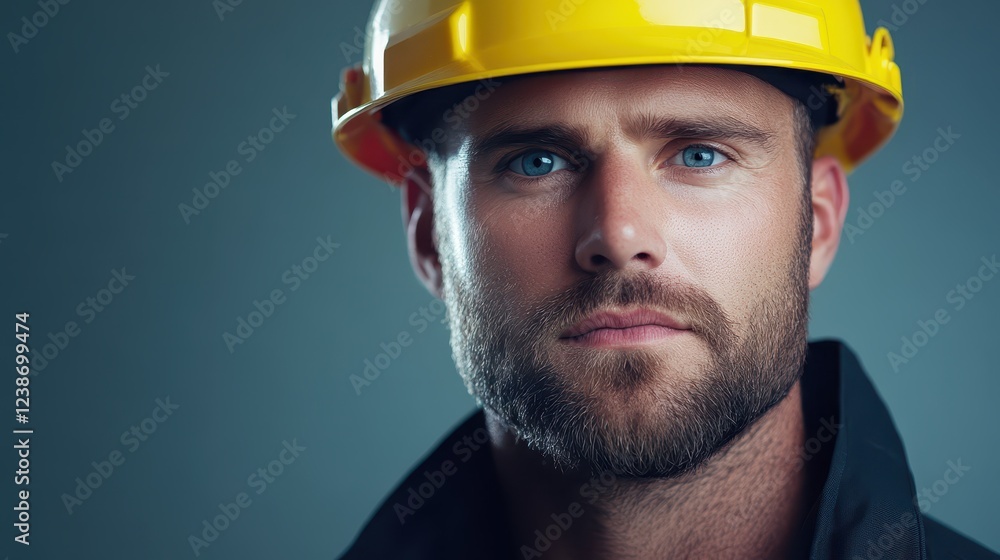 Fireman in a protective helmet with striking blue eyes stands confidently against a neutral background showcasing determination and readiness for action Fireman in a protective helmet with striking blue eyes stands confidently against a neutral background showcasing determination and readiness for action