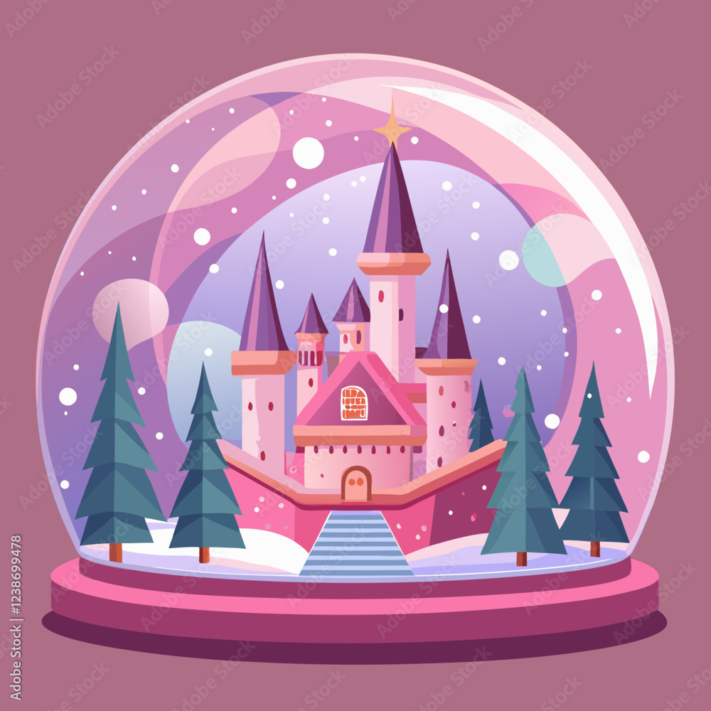 Fototapeta premium Magical Pink Castle Snow Globe - A Fairy Tale Winter Wonderland.