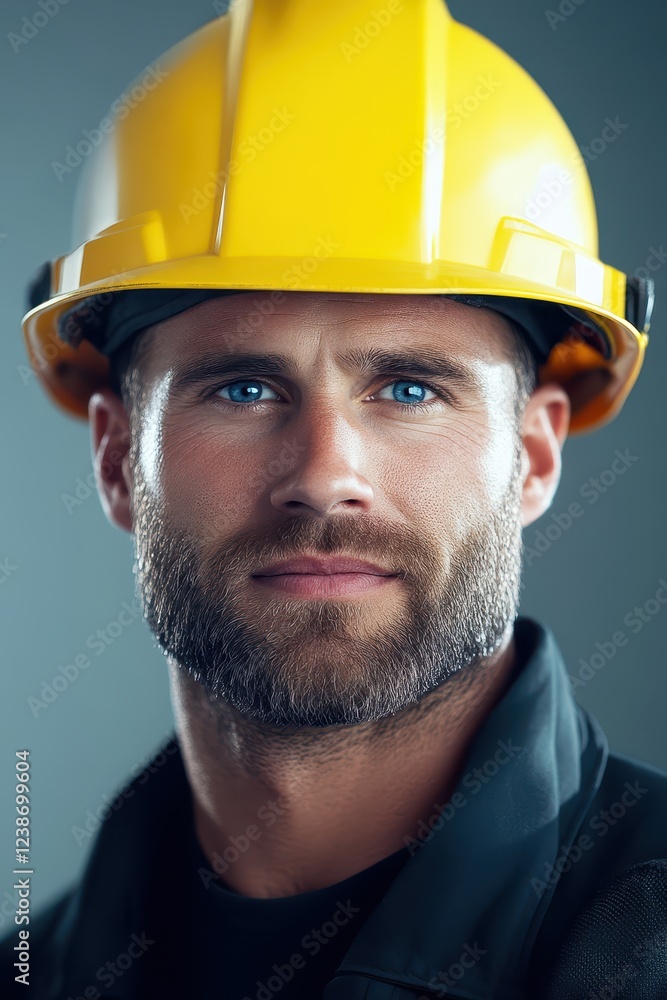 Attractive fireman wearing a yellow helmet with a confident expression, captured in a well-lit indoor setting during a training session for emergency responders Attractive fireman wearing a yellow helmet with a confident expression, captured in a well-lit indoor setting during a training session for emergency responders