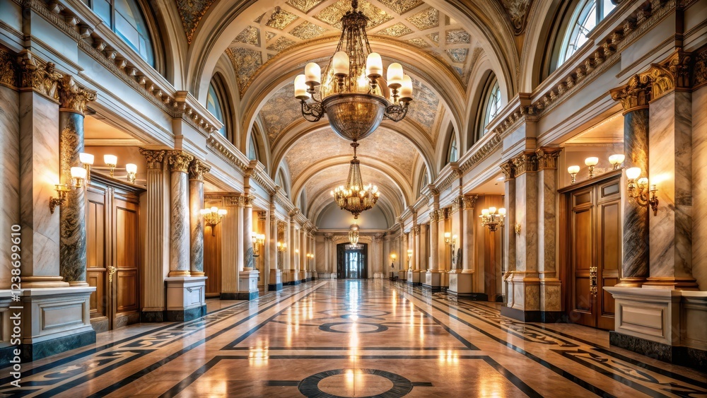 Obraz premium Hallway Perspective with Marble Floors and High Ceilings, Ornate Lighting