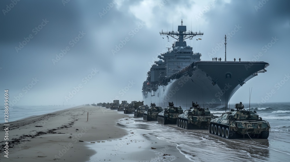 Fototapeta premium Beachfront Military Operations with Amphibious Vehicles