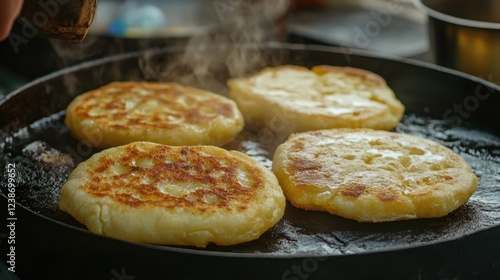 Delicious Potato Pancakes sizzling on a hot griddle in the morning light photo