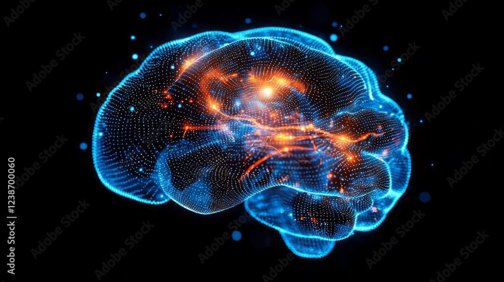 Fototapeta premium A mesmerizing display of a digital brain pulsating with glowing blue and orange patterns, representing neural connections. This visualization captivates with its intricate details and luminous energy