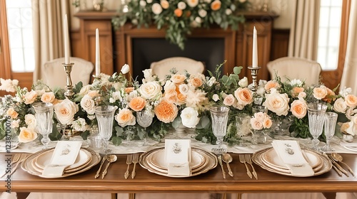 Elegant Peach And White Wedding Table Setting