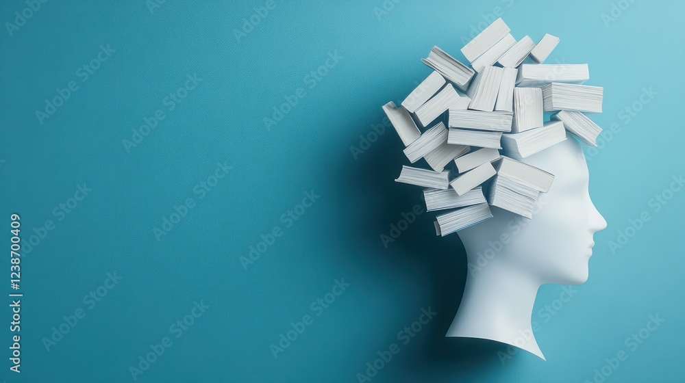 Creative representation of librating minds using books arranged as a unique headpiece on a white sculpture against a blue background Creative representation of librating minds using books arranged as a unique headpiece on a white sculpture against a blue background