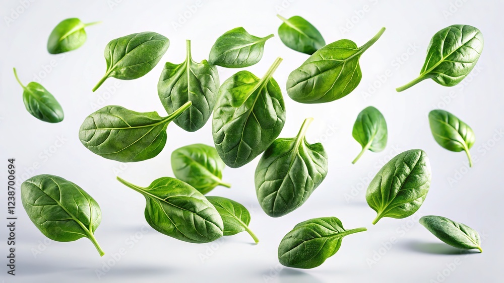 AI-generated drone shot of floating spinach leaves against a white backdrop.