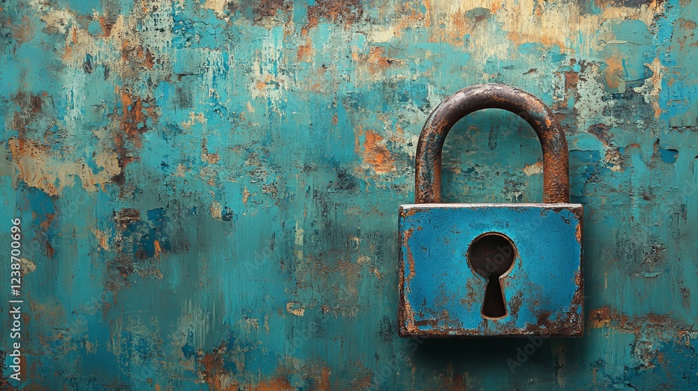 A Striking Blue Padlock Resting on a Weathered Rusty Wall Symbolizing Security and Resilience Amidst the Passage of Time and the Contrast of Colors in an Urban Environment A Striking Blue Padlock Resting on a Weathered Rusty Wall Symbolizing Security and Resilience Amidst the Passage of Time and the Contrast of Colors in an Urban Environment