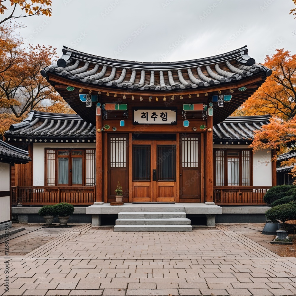 Korean hanok house brown and black on plain white background Korean hanok house brown and black on plain white background