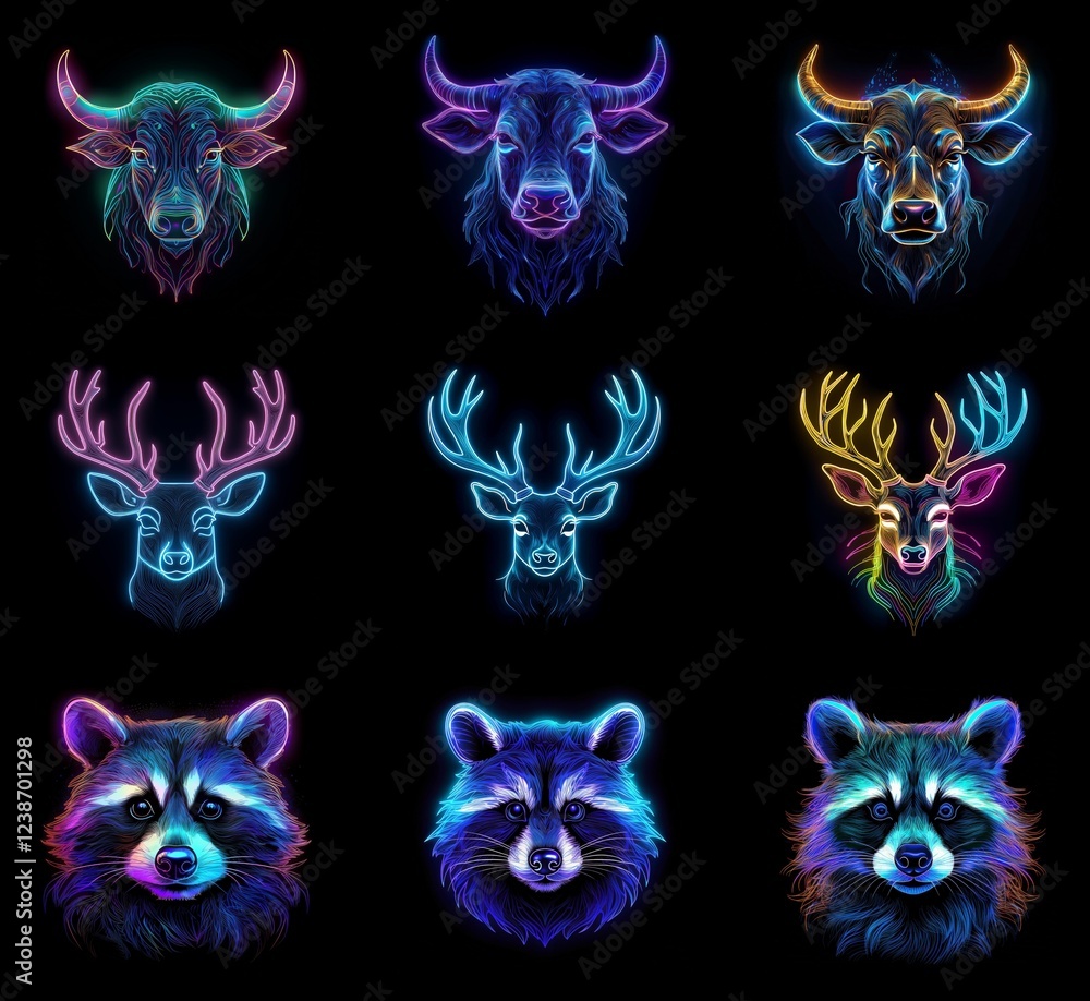 Nine vibrant neon animal portraits: three bulls, three deer, three raccoons. Each animal head is rendered in a unique, colorful neon style against a black background. Nine vibrant neon animal portraits: three bulls, three deer, three raccoons. Each animal head is rendered in a unique, colorful neon style against a black background.