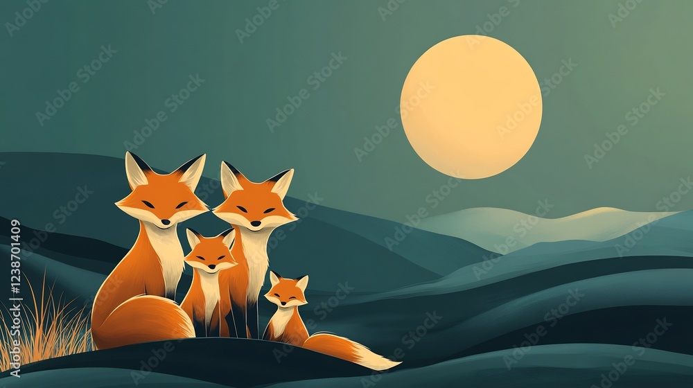 Obraz premium Serene fox family silhouetted against a warm moonlit landscape. AI Generated