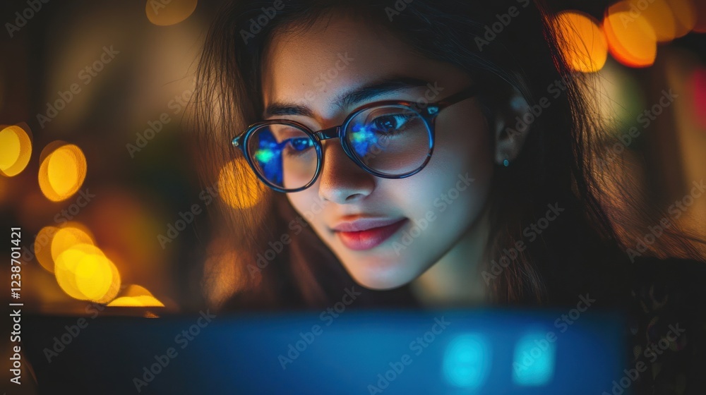 Young Woman Wearing Glasses Uses Digital Device At Night Young Woman Wearing Glasses Uses Digital Device At Night