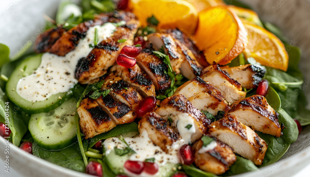 Fresh salad with chicken, orange and pomegranate seeds. Healthy diet food concept. View from above Fresh salad with chicken, orange and pomegranate seeds. Healthy diet food concept. View from above