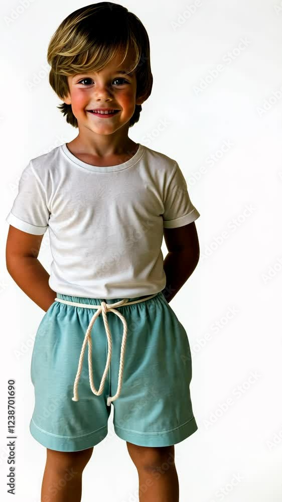 Young boy smiling in casual summer outfit with hands behind his back against a plain background