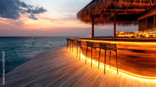 A vibrant beach bar embracing the sunset glow, inviting patrons to enjoy the ambience while sipping drinks, perfect for connection and relaxation. photo