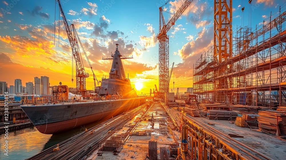 Naklejka premium Early Morning Shipyard Scene with Destroyer and Cranes