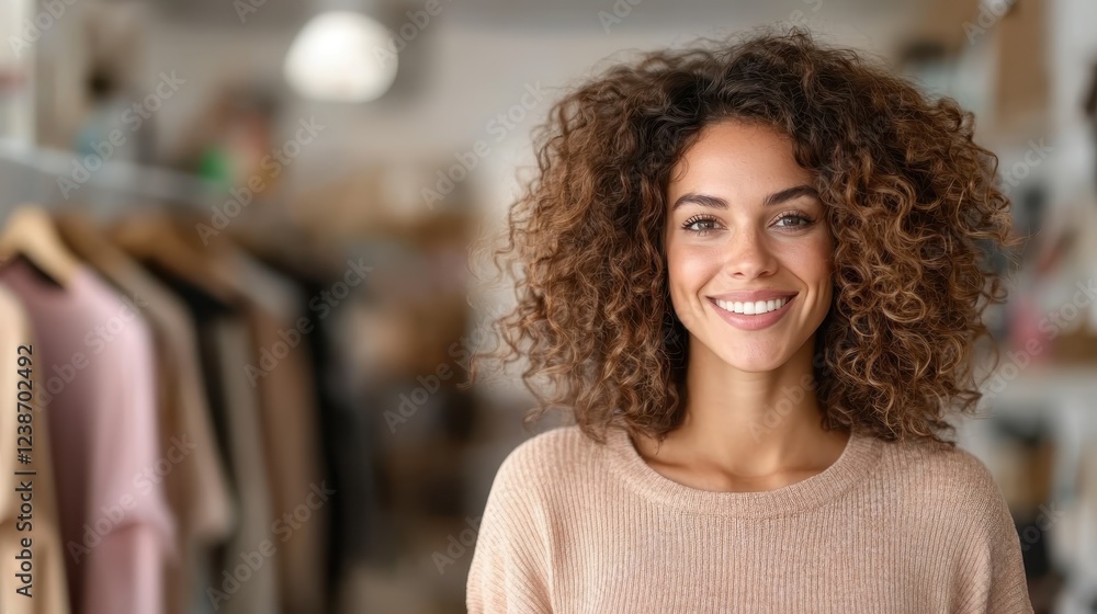 A happily smiling woman with curly hair stands confidently in a fashionable store, showcasing her radiant personality while surrounded by various clothing items on display. A happily smiling woman with curly hair stands confidently in a fashionable store, showcasing her radiant personality while surrounded by various clothing items on display.