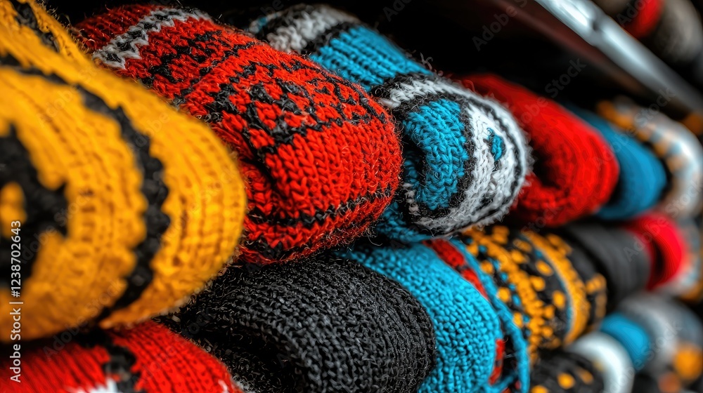 Colorful knitted sweaters stacked on shelf, close-up. Lifestyle product shot Colorful knitted sweaters stacked on shelf, close-up. Lifestyle product shot