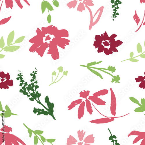Seamless pattern with abstract spring flowers with branches with leaves in brush stroke texture isolated on white background. Hand drawn vector sketch illustration in vintage charcoal ink style