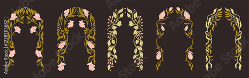 Art Nouveau floral frames, corners, and borders. Vintage elements. Vector.	
