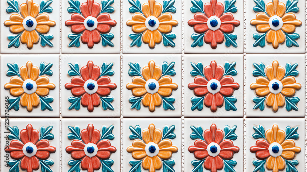 Vibrant mosaic tile texture with floral patterns in bright colors Vibrant mosaic tile texture with floral patterns in bright colors