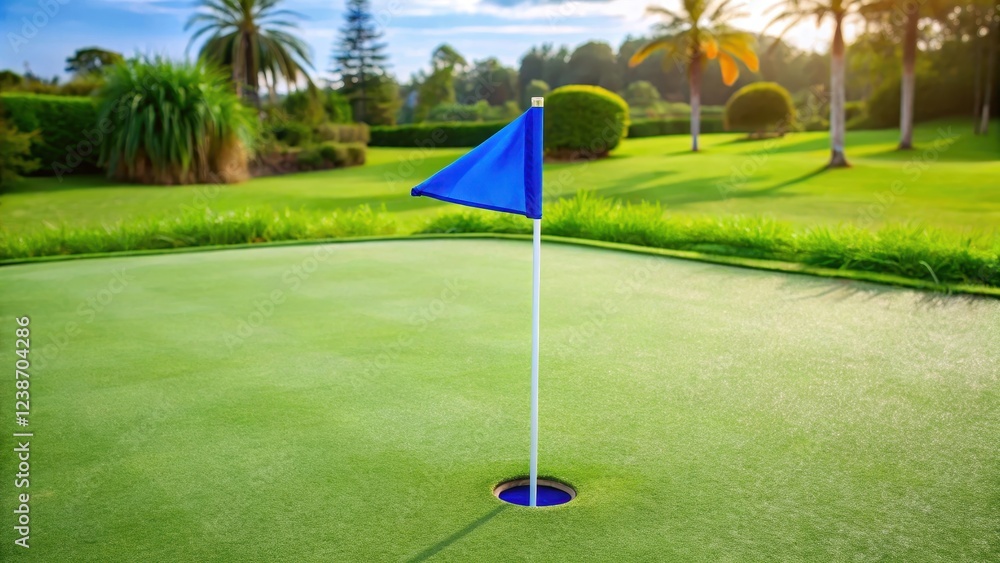 Obraz premium A blue golf flag stands upright on a miniature golf putting green with a lush green grass surface and white sand surrounding it, green, landscape