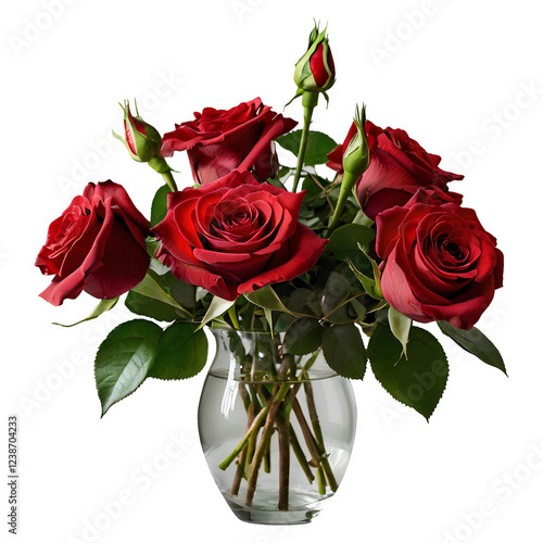 bouquet of roses, a beautiful bouquet of red roses blooming in a transparent glass vase, for romantic, valentine, love , decoration 