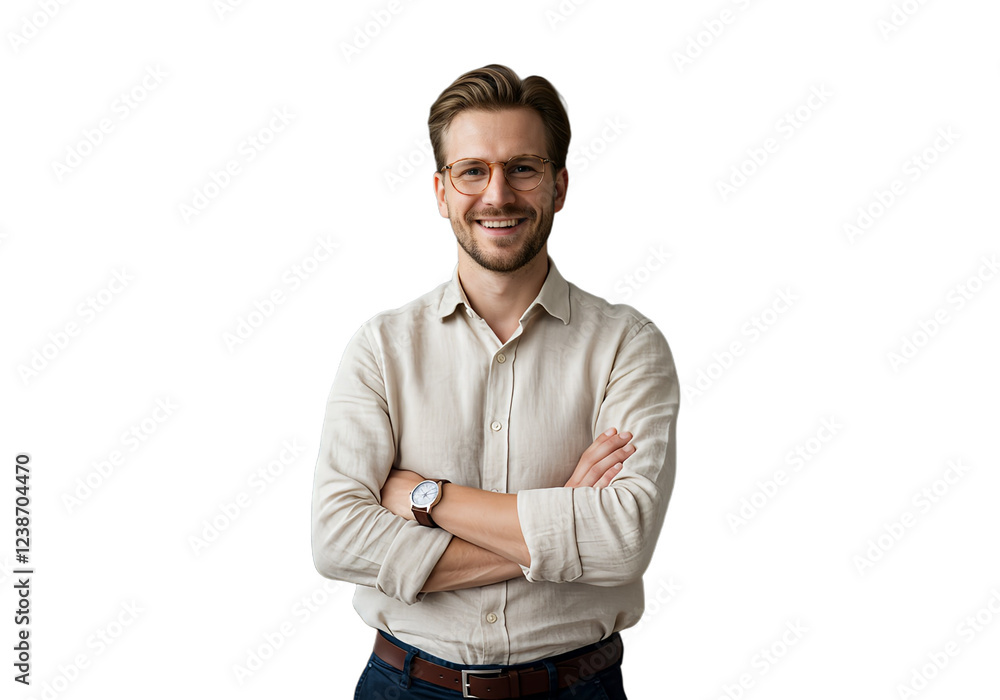 Fototapeta premium Portrait of happy fashionable handsome man in jeans shirt and glasses crossing hands and smiling, isolated