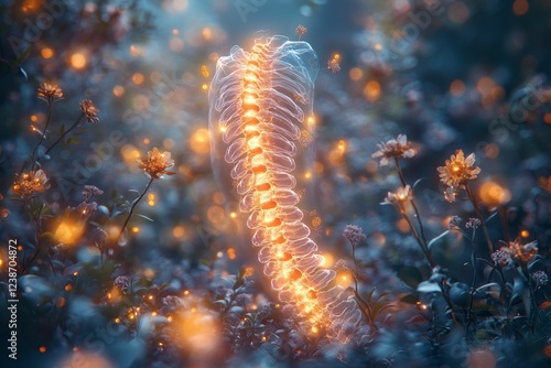 Glowing Spine in Flower Garden; Healing Concept