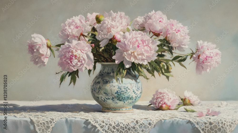 Obraz premium Soft pink peonies in full bloom, arranged in a delicate lace-lined vase.