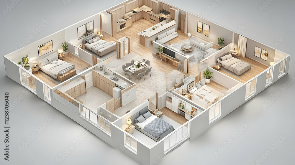 Modern 3D isometric apartment floor plan showcasing spacious bedrooms, a large living area, and a well-equipped kitchen. Ideal for real estate, interior design, and architecture. Modern 3D isometric apartment floor plan showcasing spacious bedrooms, a large living area, and a well-equipped kitchen. Ideal for real estate, interior design, and architecture.