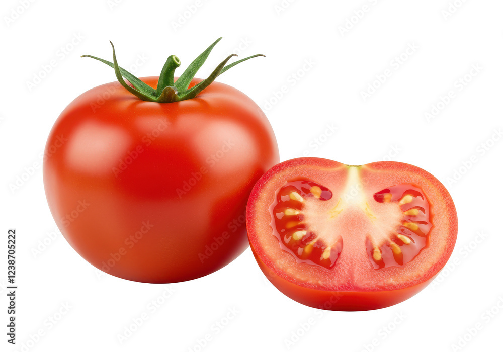 One whole red tomato and one half-sliced tomato with visible seeds, isolated on a white background One whole red tomato and one half-sliced tomato with visible seeds, isolated on a white background