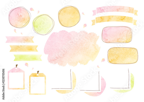 かわいい水彩フレーム背景セット（ピンク・黄色・オレンジ・緑・春）