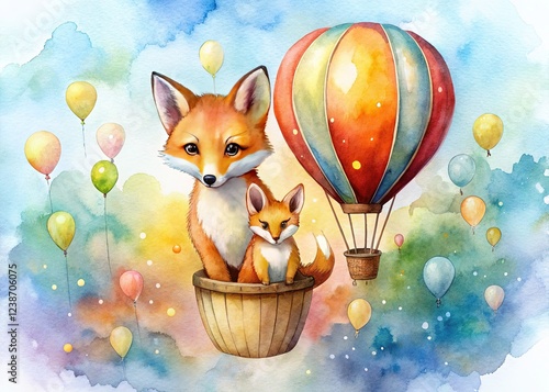 Bokeh-filled watercolor: Animals soaring in a hot air balloon. photo