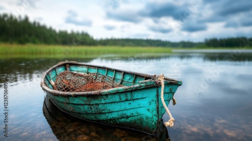 A lonely, weathered fishing boat rests peacefully on a serene lake, surrounded by lush greenery and reflecting the tranquility of nature and solitude in rural landscapes. photo