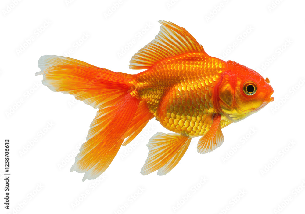 Fototapeta premium A vibrant orange goldfish with long, flowing fins, isolated on a white background