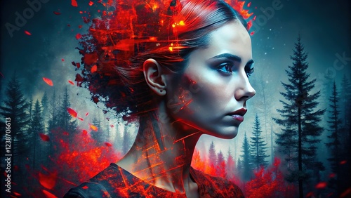 Bold black and red abstract double-exposure backdrop.