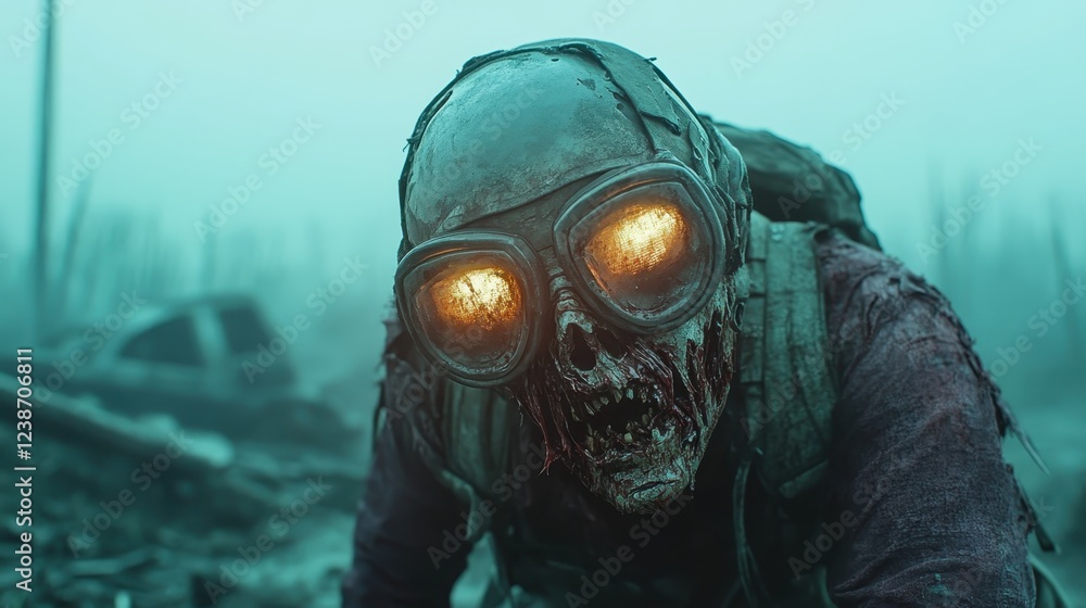A zombie-like figure, characterized by glowing eyes and a decayed appearance, emerges in a hauntingly desolate landscape filled with remnants of a forgotten world. A zombie-like figure, characterized by glowing eyes and a decayed appearance, emerges in a hauntingly desolate landscape filled with remnants of a forgotten world.