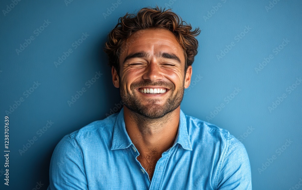 Obraz premium A man with a blue shirt and a smile on his face