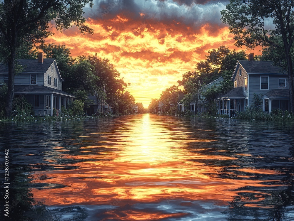 Fototapeta premium Sunset reflects in flooded street with houses; for disaster, climate, nature ads